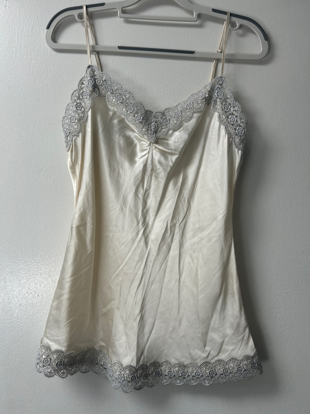 Ivory 100% Silk Lace-Trim Chemise with Silver Accents